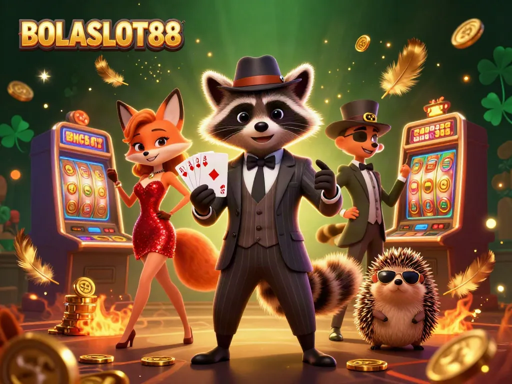 BOLASLOT88 depicts a winning moment for a raccoon holding a royal flush at a vibrant online casino scene.