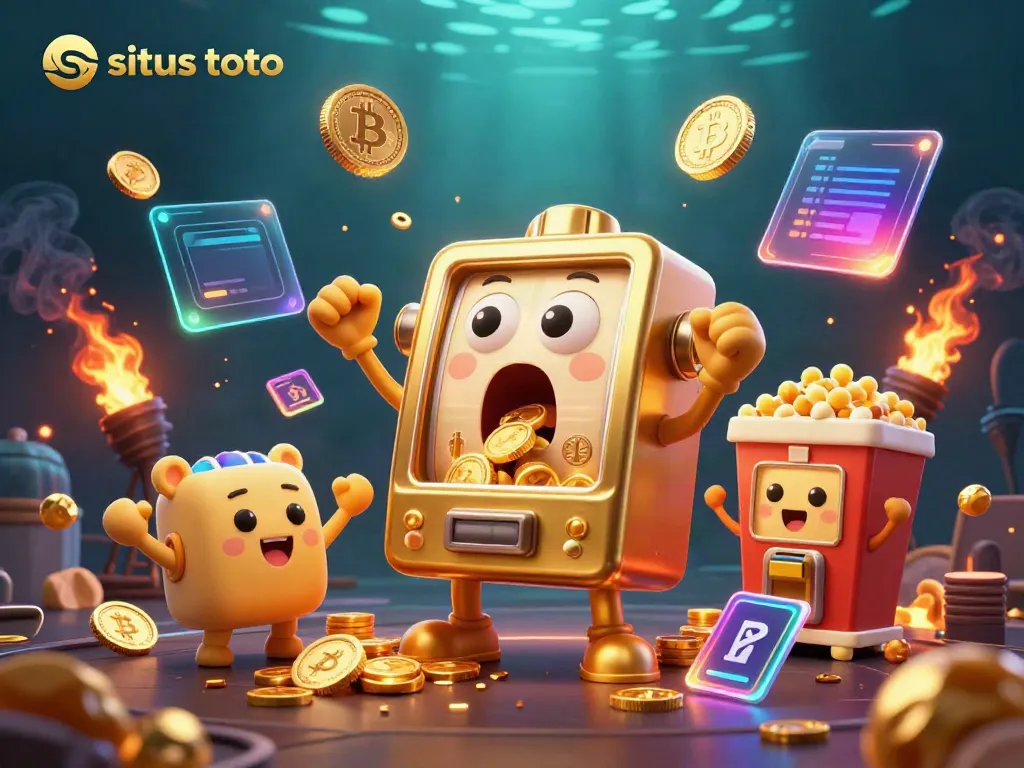 Experience thrilling jackpots in this situs toto illustration with a golden slot machine and cheering companions.