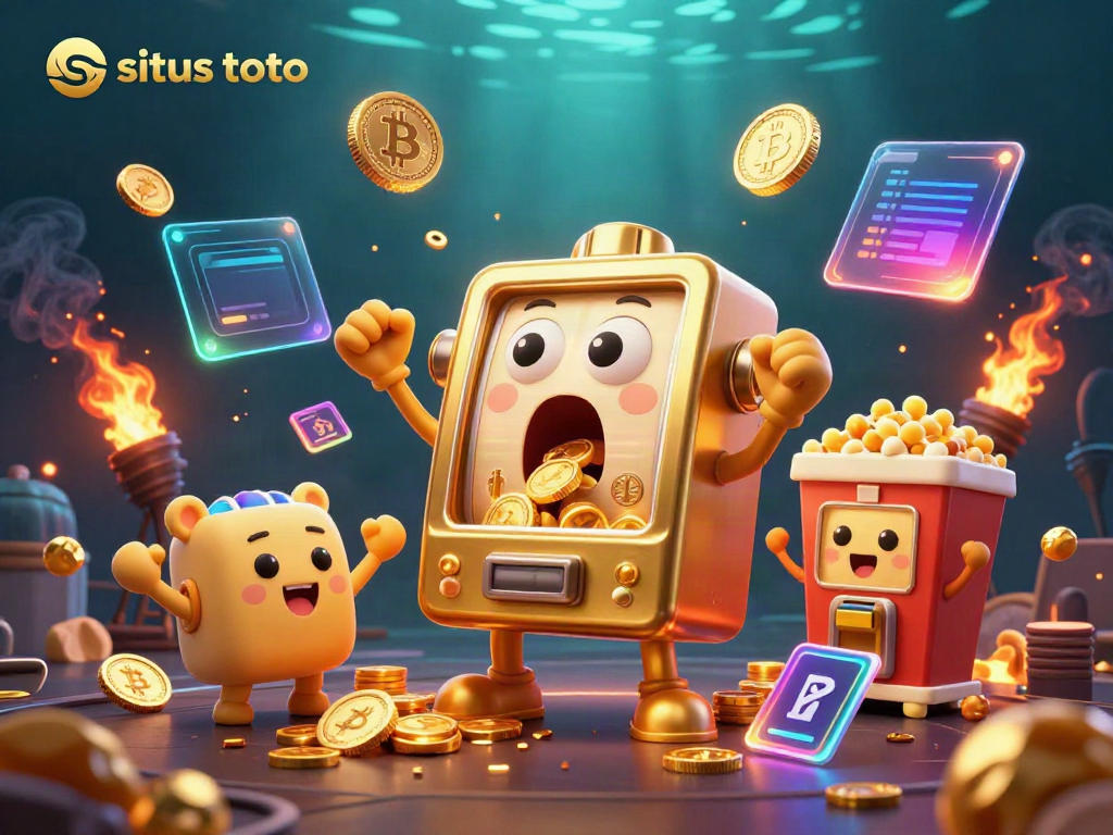 Experience thrilling jackpots in this situs toto illustration with a golden slot machine and cheering companions.