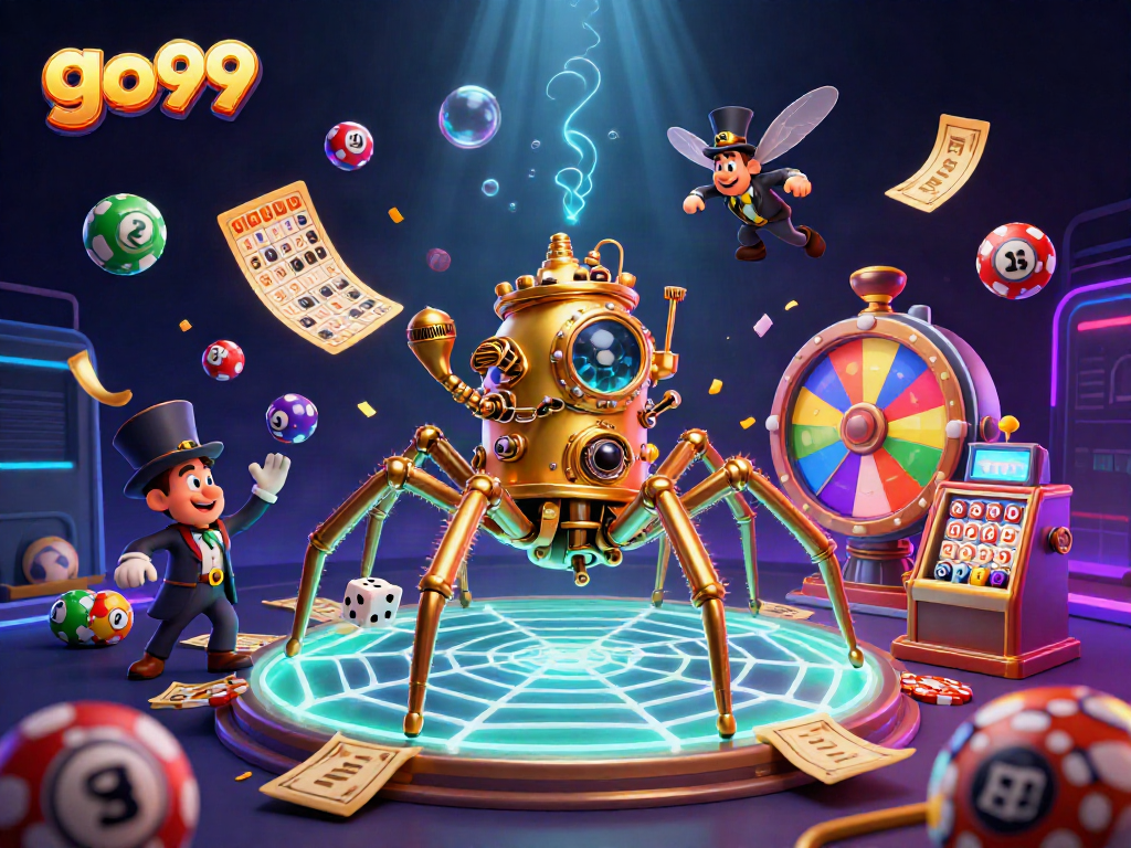 Engage with go99 in a vibrant 3D scene featuring a steampunk spider and gambling elements.