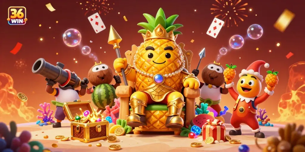 Experience excitement with 36WIN through a colorful 3D casino illustration featuring a playful beach-themed scene.