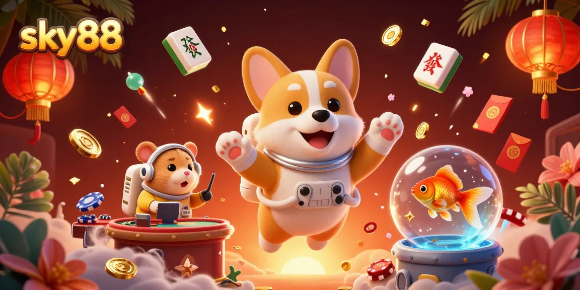 Engage with sky88 as a floating corgi enjoys casino thrills amidst drifting coins and festive elements.
