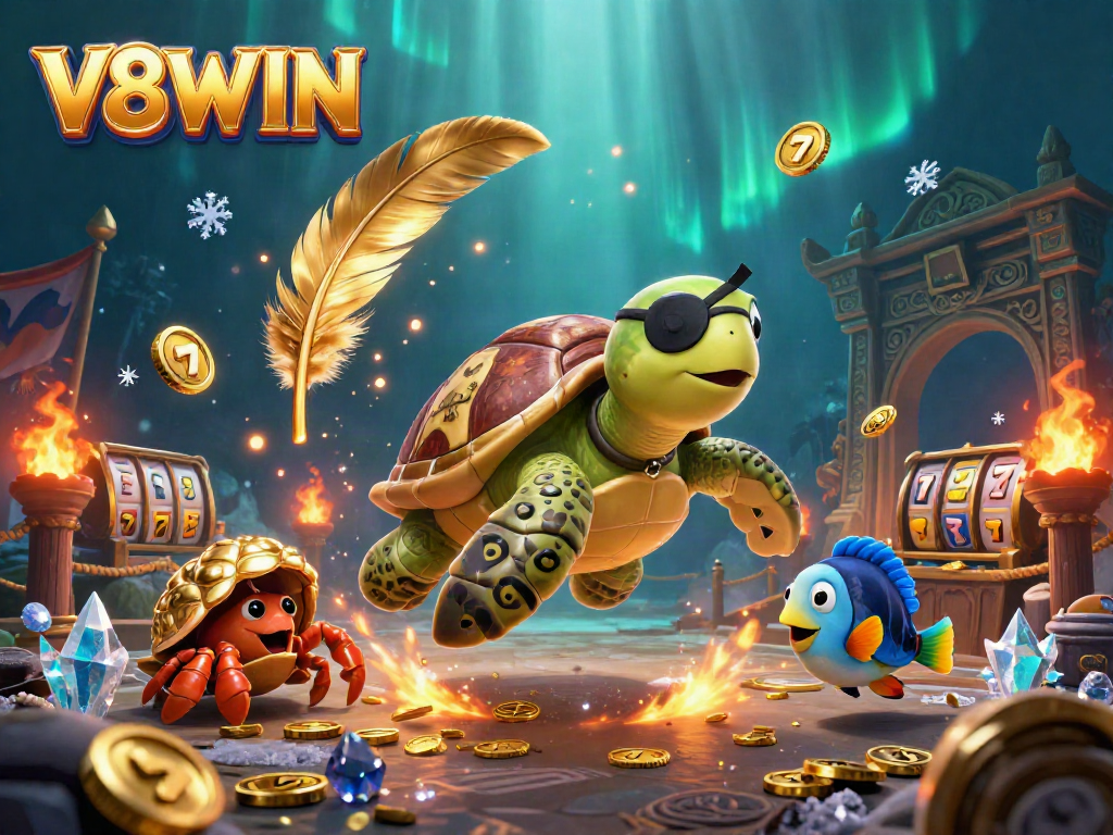 V8WIN showcases a vibrant underwater casino scene with a cartoon pirate turtle and treasures.