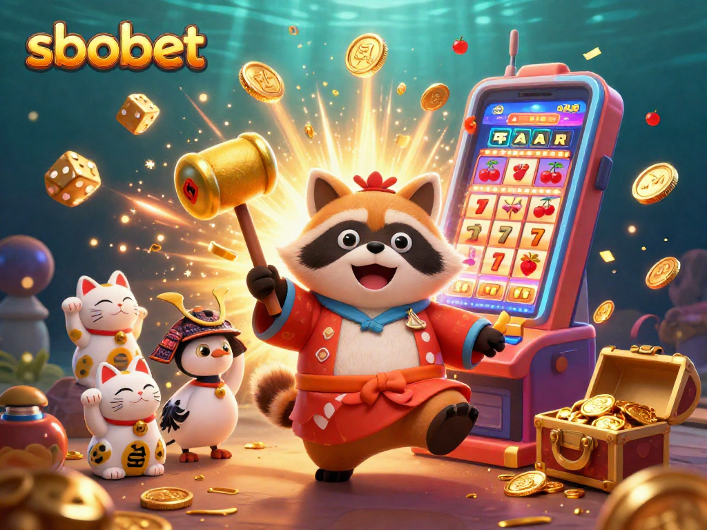 SBOBET slots come alive with a cheerful tanuki and vibrant gaming elements in a 3D illustration.