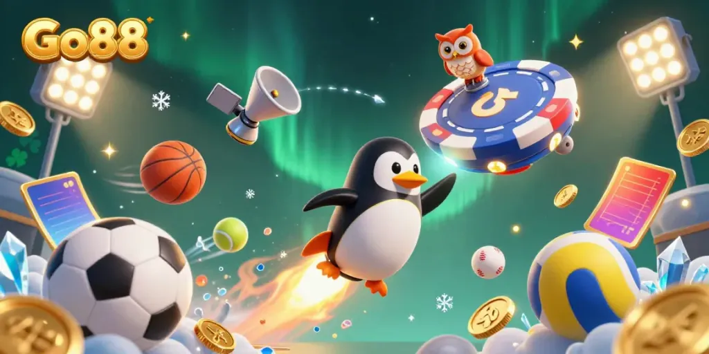 Join the Go88 adventure with a golden penguin and vibrant casino elements soaring through space.
