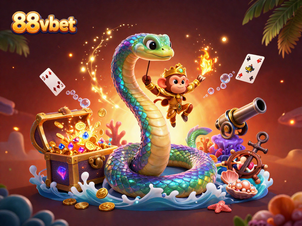 Experience thrilling gaming with 88vbet's colorful serpent and monkey king in vibrant casino scene.