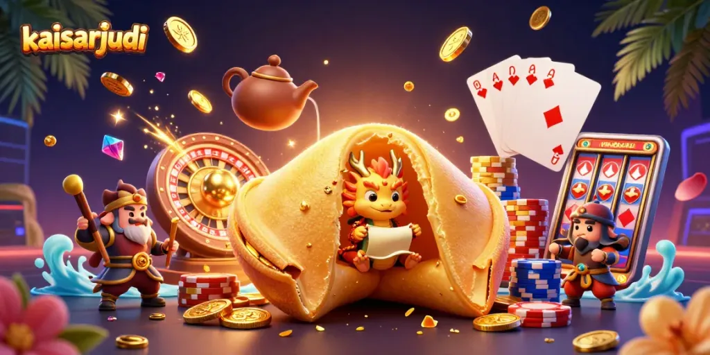 Engage with Kaisarjudi at this vibrant 3D illustration featuring a golden fortune cookie and dynamic casino elements.