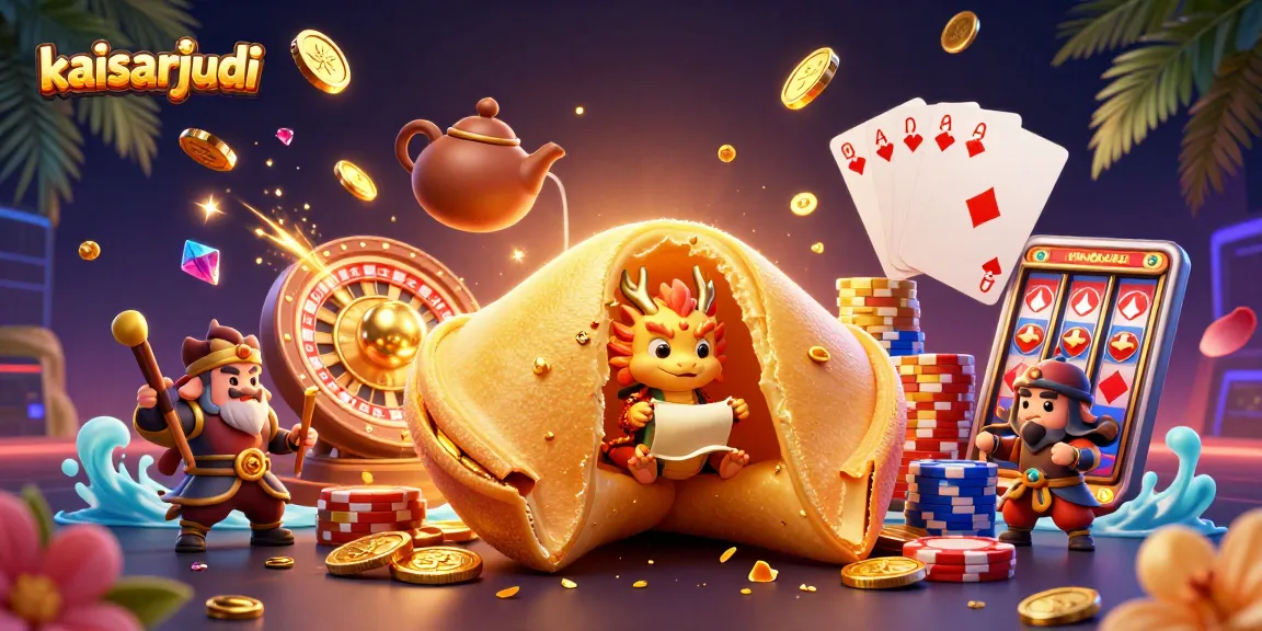 Engage with Kaisarjudi at this vibrant 3D illustration featuring a golden fortune cookie and dynamic casino elements.