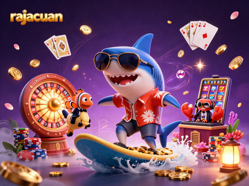 Experience rajacuan excitement with a shark surfing gold coins amidst vibrant casino elements.