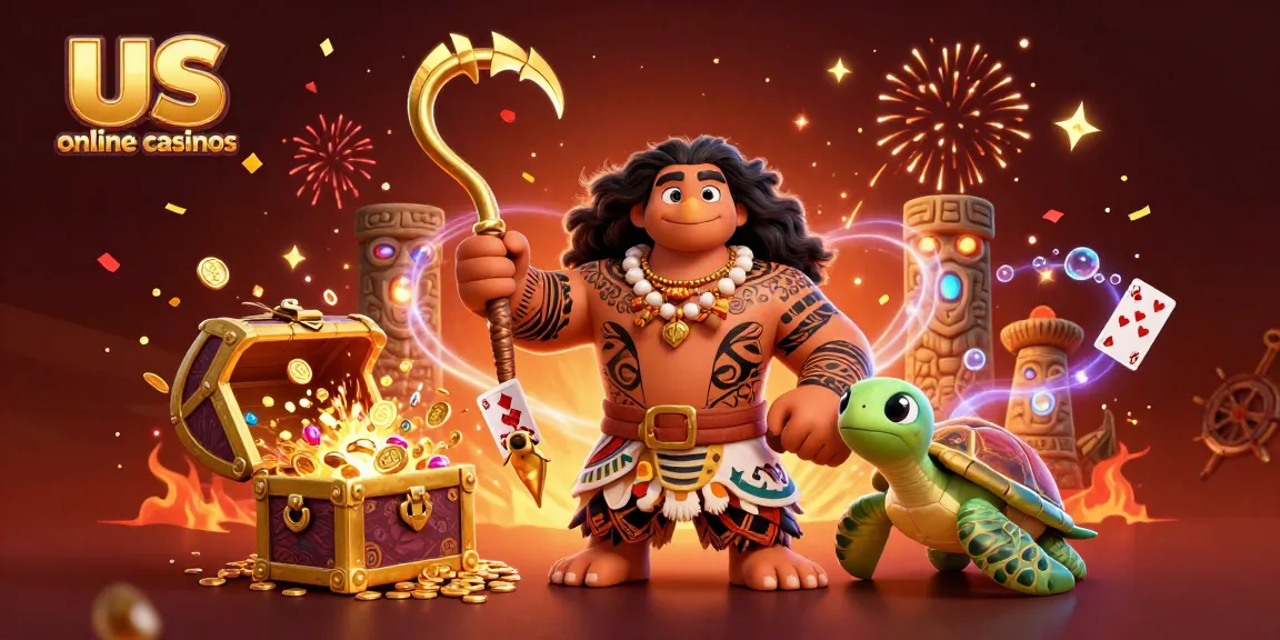 Experience the thrill of us online casinos with vibrant 3D illustration of a demigod hawk and turtle amidst a treasure-filled underwater scene.