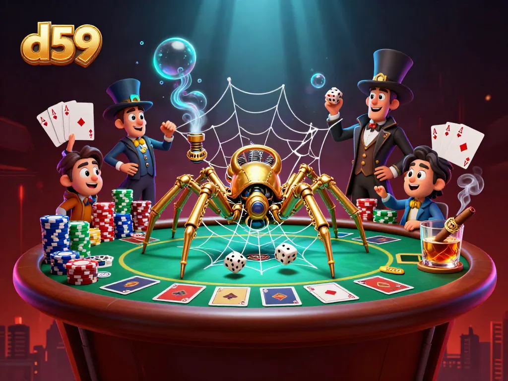 Engage in thrilling d59 gambling action with a steampunk golden spider weaving a web of fortune.