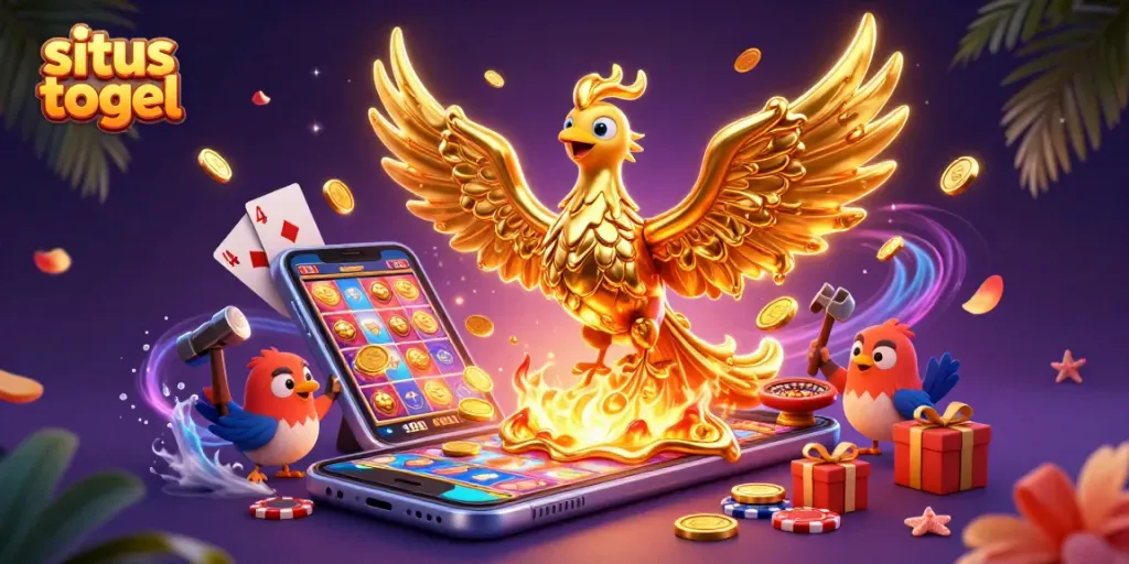Menang di situs togel dengan ilustrasi karakter 3D phoenix emas dan permainan kasino berwarna-warni yang menampilkan slot, kartu, dan koin emas.
