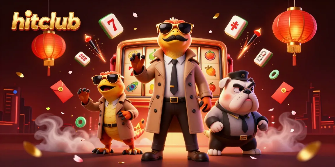 hitclub characters sneak into a VIP casino, surrounded by slot reels and festive decorations