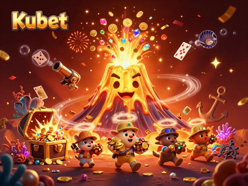Kubet brings excitement with a volcano erupting treasures and vibrant casino elements in a dynamic 3D scene.