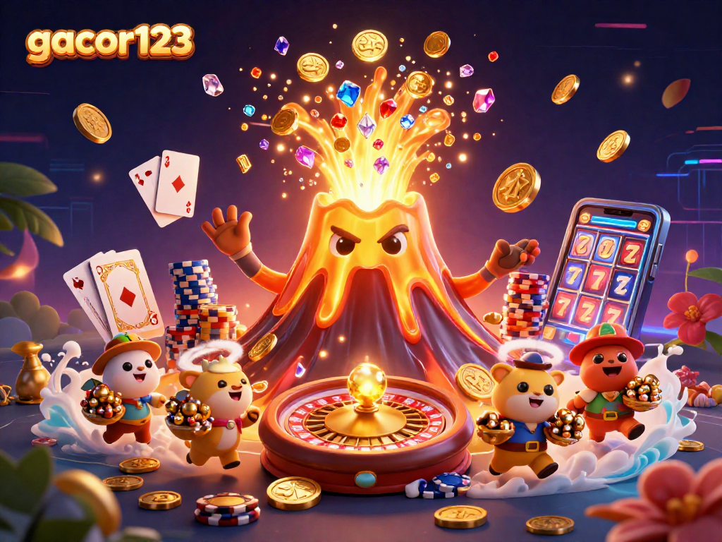 Experience winning thrills with gacor123, a vibrant 3D illustration of a casino theme.