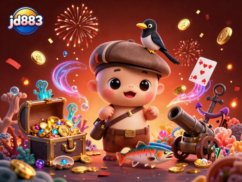 The playful Nessie of jd883 swims through a vibrant jackpot adventure, filled with gold coins and excitement.