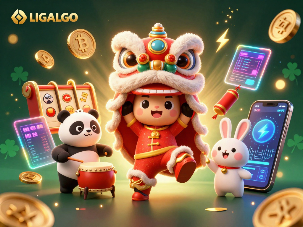 LIGALGO showcases a vibrant slot theme with a lively lion dance and crypto coins, enriching the gambling experience.