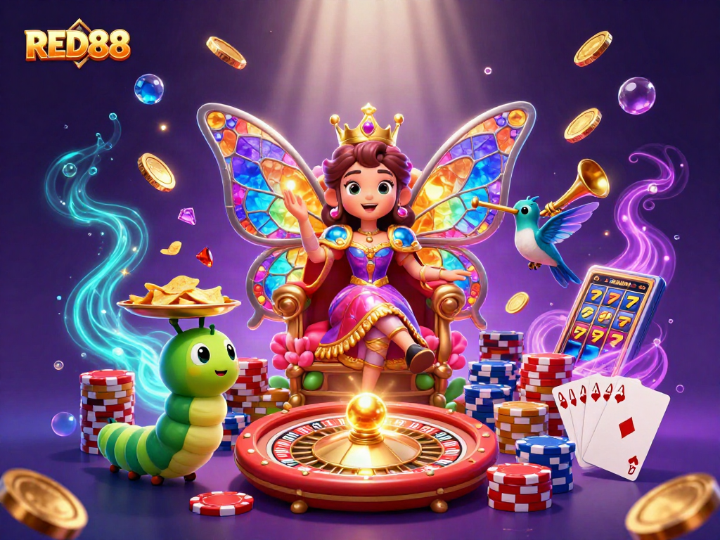 Engage with thrilling RED88 casino excitement featuring vibrant 3D illustration of games and characters.
