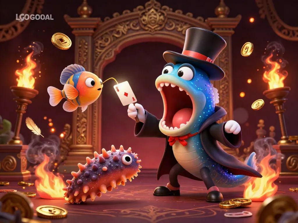 Experience magic with LGOGOAL as a bioluminescent eel performs card tricks surrounded by casino elements.