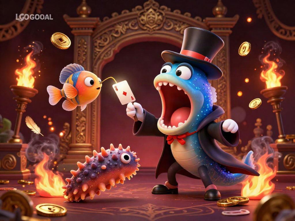 Experience magic with LGOGOAL as a bioluminescent eel performs card tricks surrounded by casino elements.