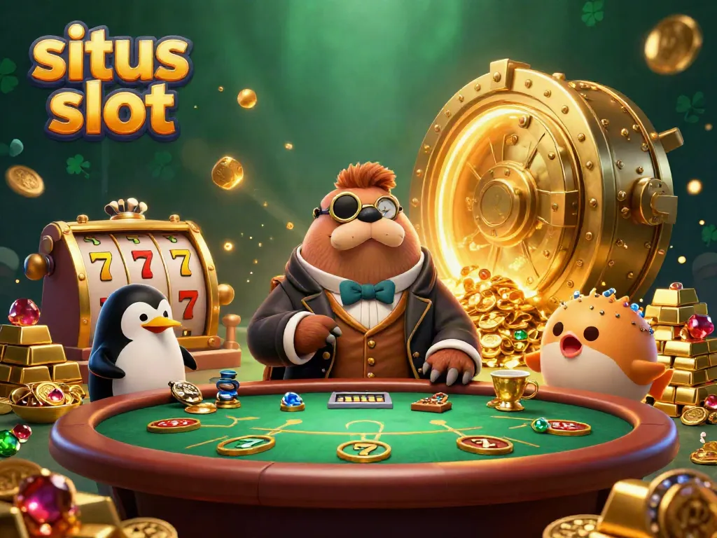 Ilustrasi 3D ceria dengan walrus jolly bermain situs slot di meja, dikelilingi kekayaan.