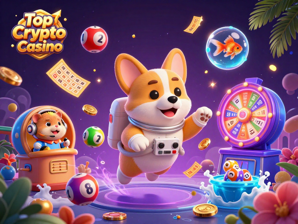 Engage in the Top Crypto Casino adventure with whimsical characters floating in space, surrounded by vibrant gambling elements.