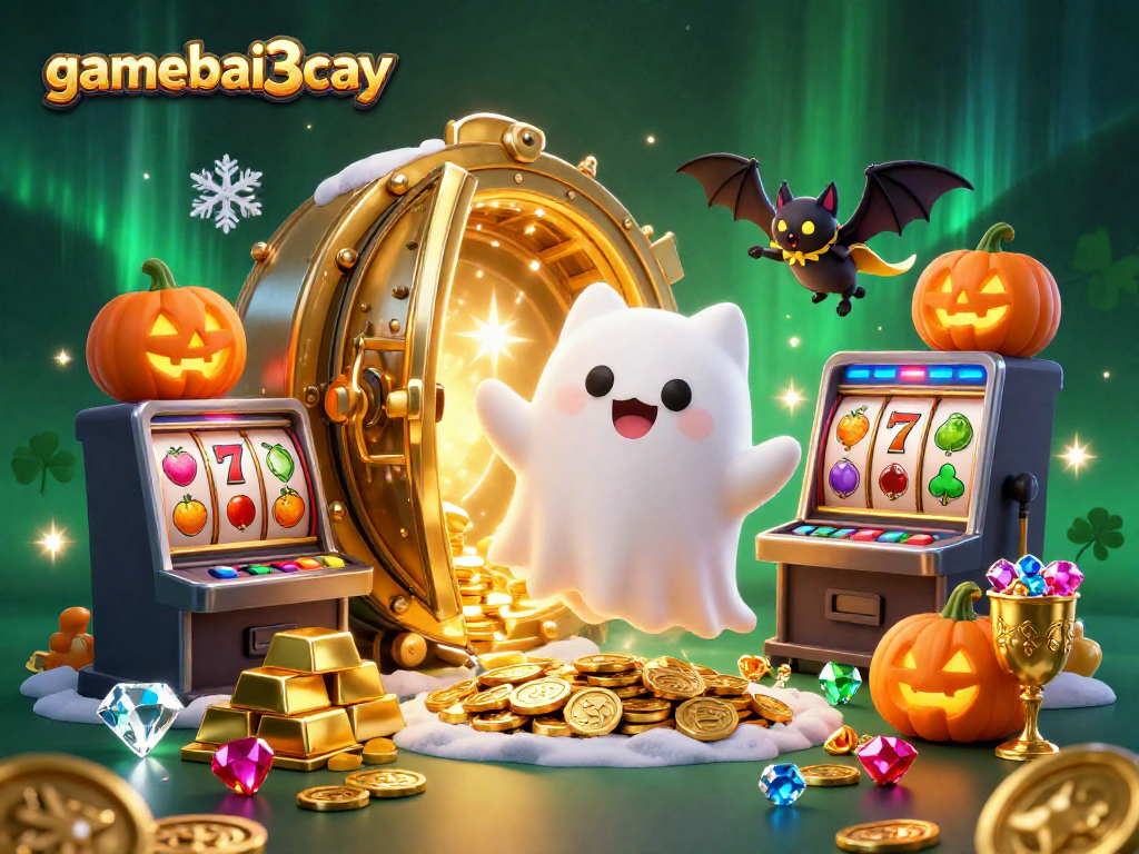 Experience the enchanting world of gamebai3cay with a ghost cat and vampire bat in a dynamic casino setting.