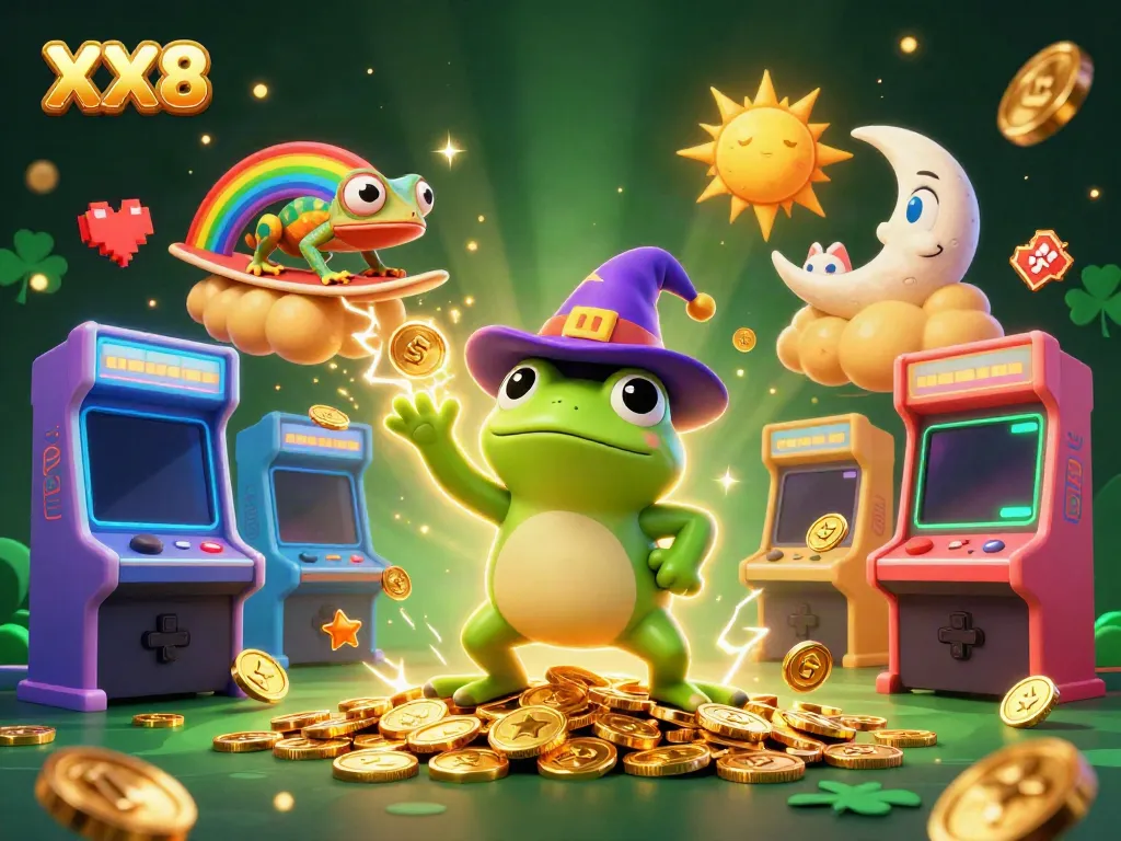 Experience the magic of XX8 as a weather wizard frog conjures golden coins amidst colorful gaming elements.