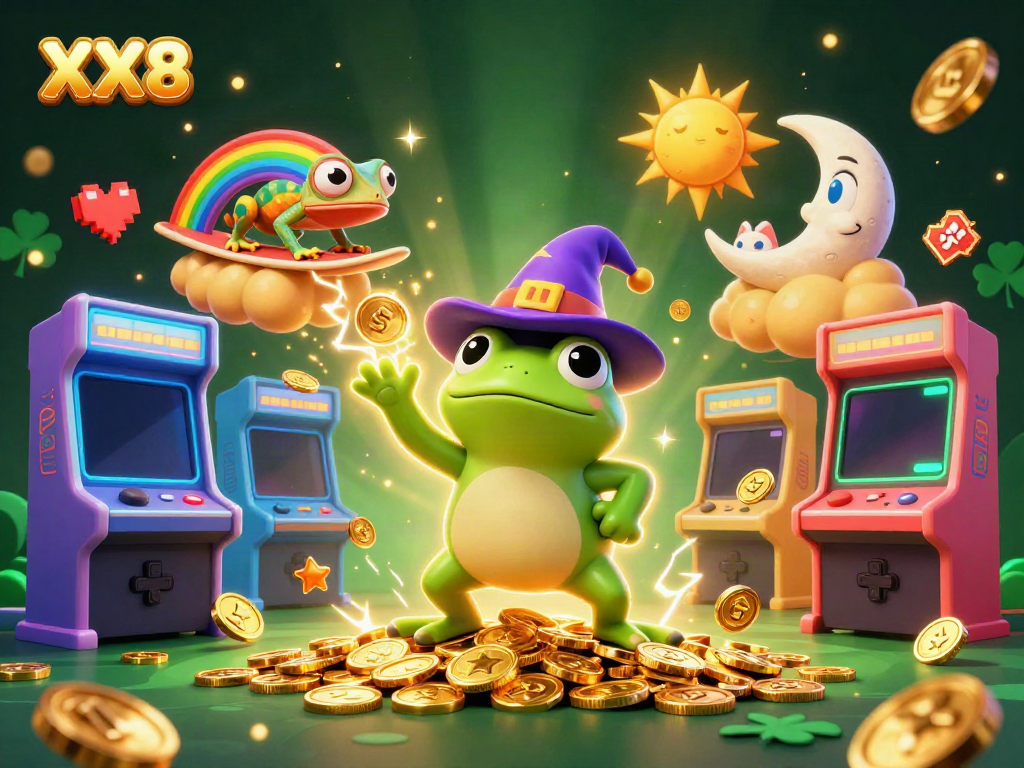 Experience the magic of XX8 as a weather wizard frog conjures golden coins amidst colorful gaming elements.