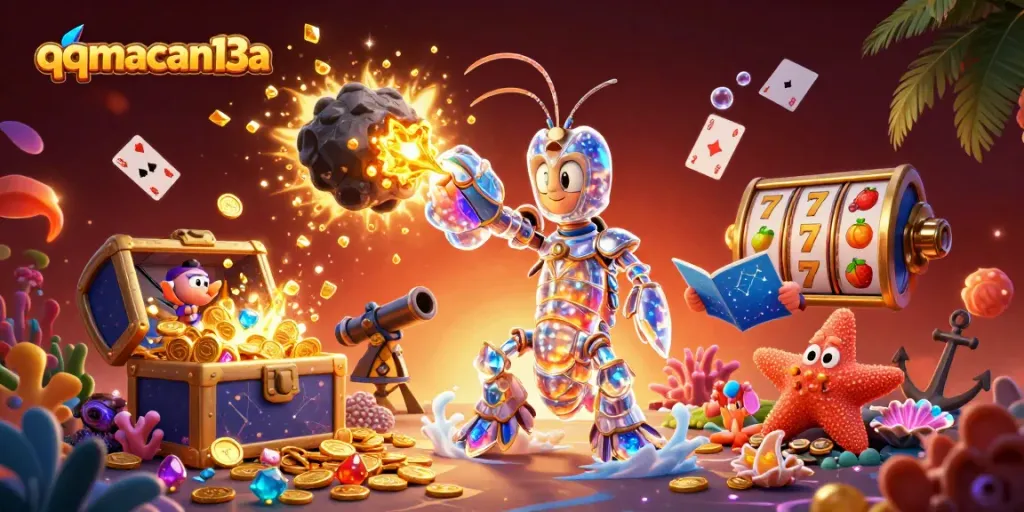 Discover thrilling jackpots and slot games at qqmacan13a, featuring vibrant slot reels and golden treasures.