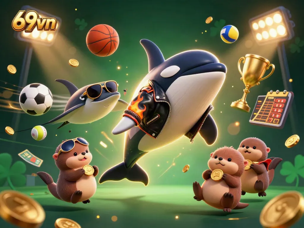 Experience thrilling gambling at 69vn, where a family of sea otters holds golden coins amidst dynamic sports elements.