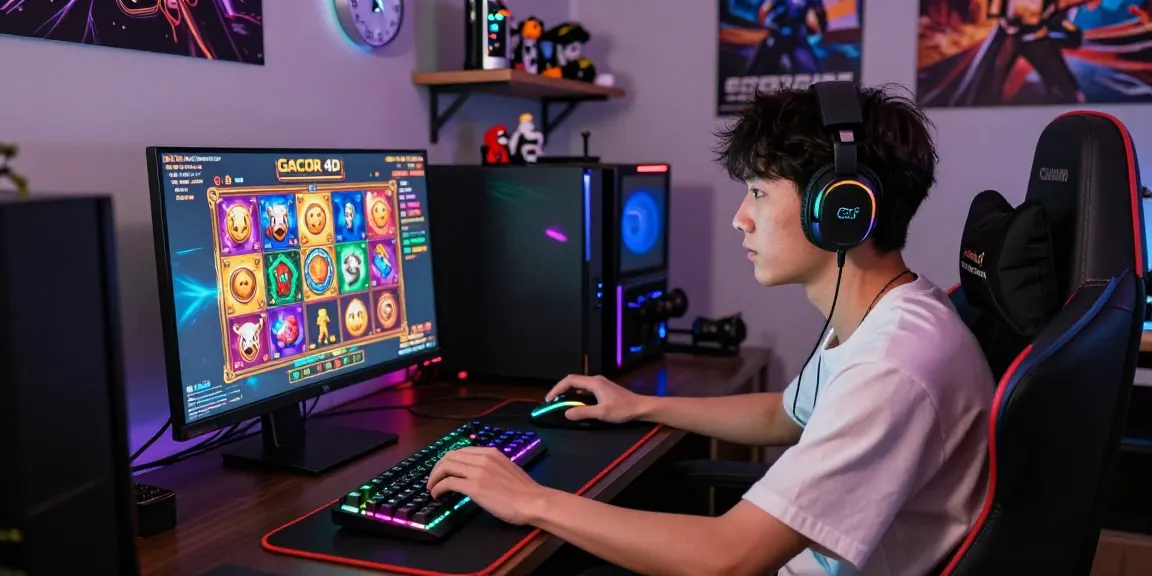 Engaged player enjoying slot gacor 4d game on a vibrant gaming setup with colorful graphics.