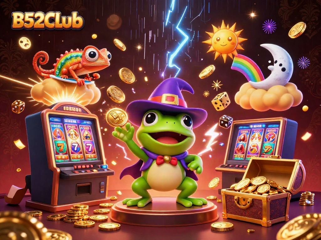 B52CLub interactive casino scene with a wizard frog and chameleon amidst coins and slot machine.