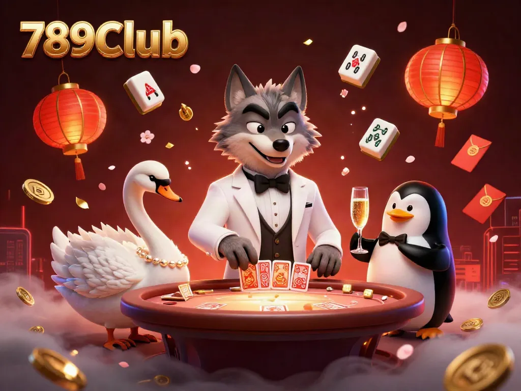 Join the excitement at 789CLub with a sophisticated cartoon casino scene featuring a wolf, swan, and penguin.