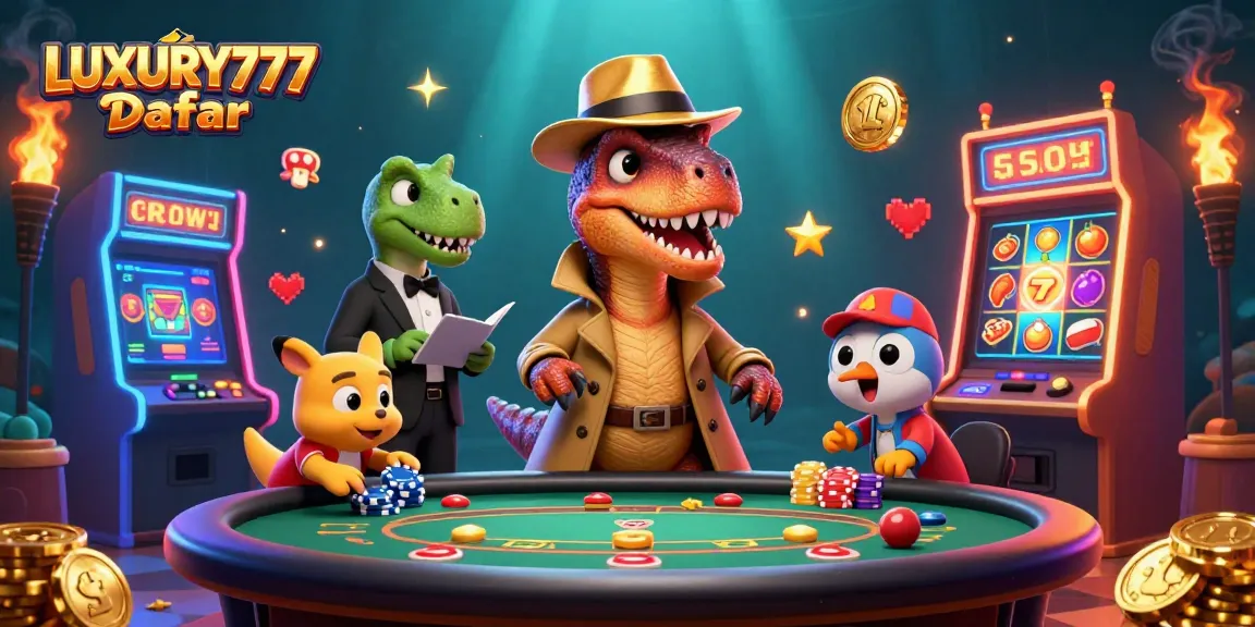 Gambarlah LUXURY777 Daftar dengan kartunis velociraptor dan elemen kasino yang menakjubkan.