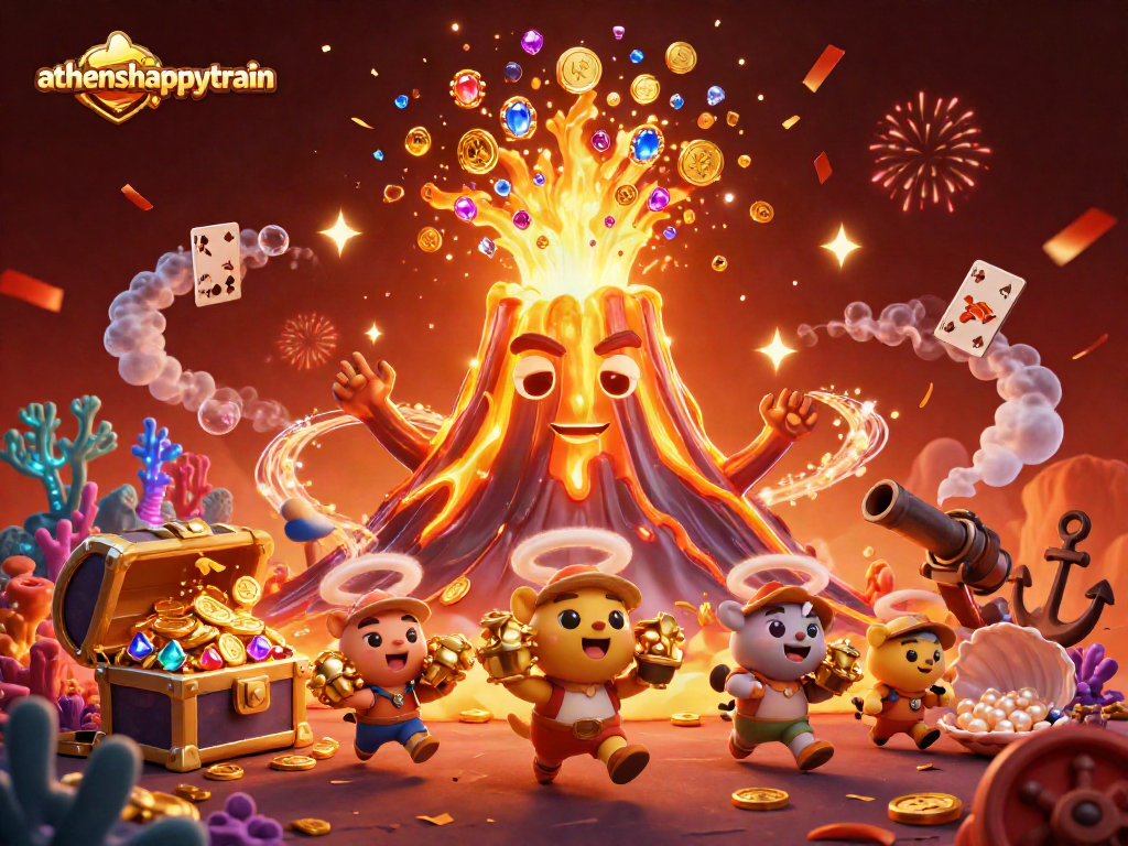 Experience excitement at athenshappytrain with vibrant casino-themed characters and treasures