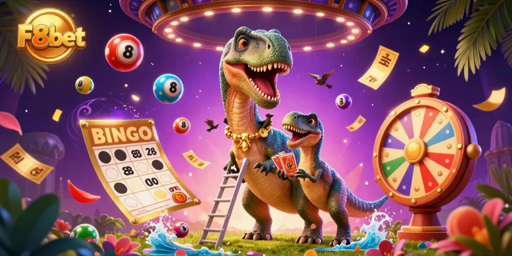Experience the excitement of F8bet with a vibrant casino scene featuring a brontosaurus and raptor dealer.