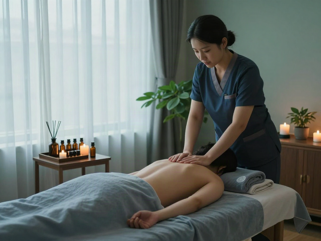 A client enjoying 강남출장마사지 in a serene spa atmosphere, with soft lighting and calming decor.