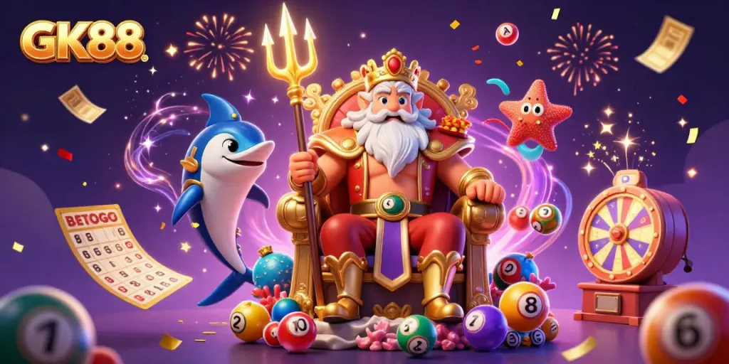 Engage in thrilling lottery action with GK88's vibrant 3D casino scene filled with excitement and fun.