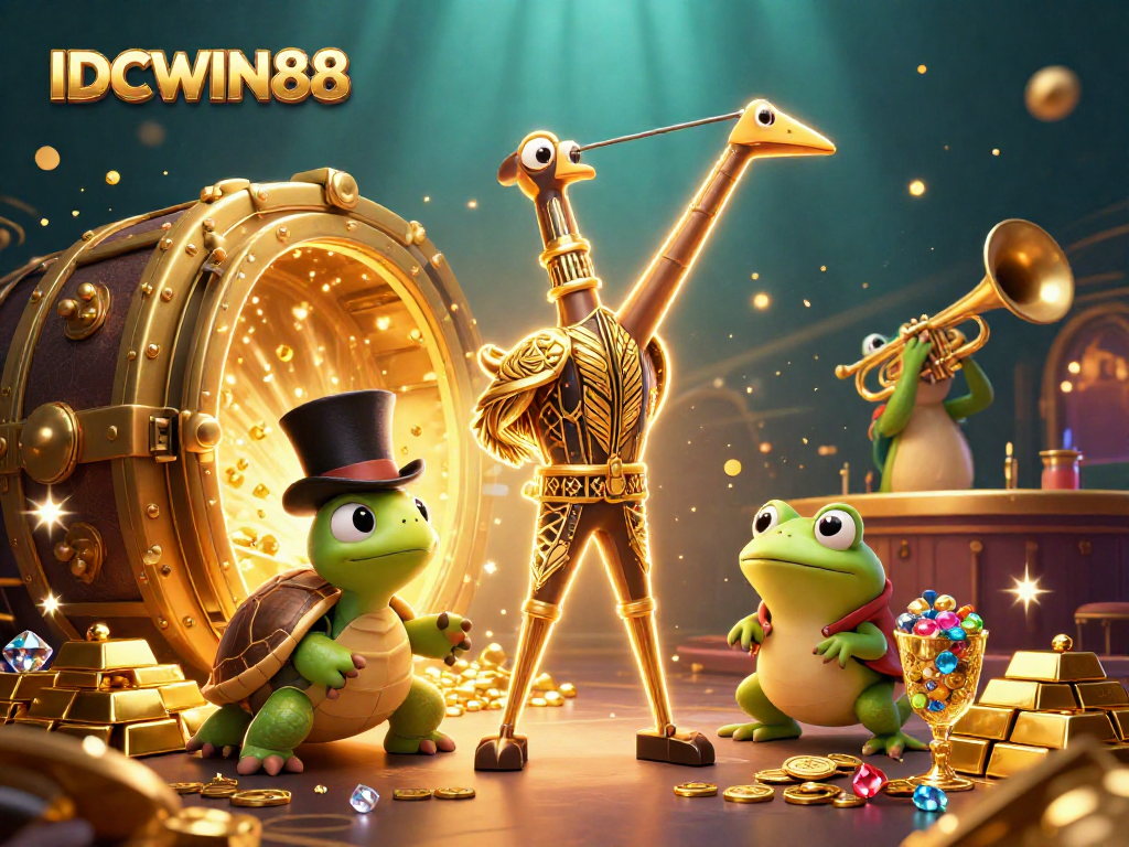 Experience the excitement of IDCWIN88 with a vibrant illustration full of gold, gems, and casino charm.