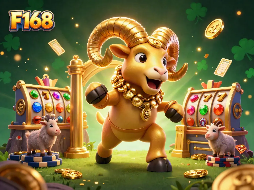 Engage with the thrilling F168 casino scene featuring a golden ram charging through dynamic gaming elements.