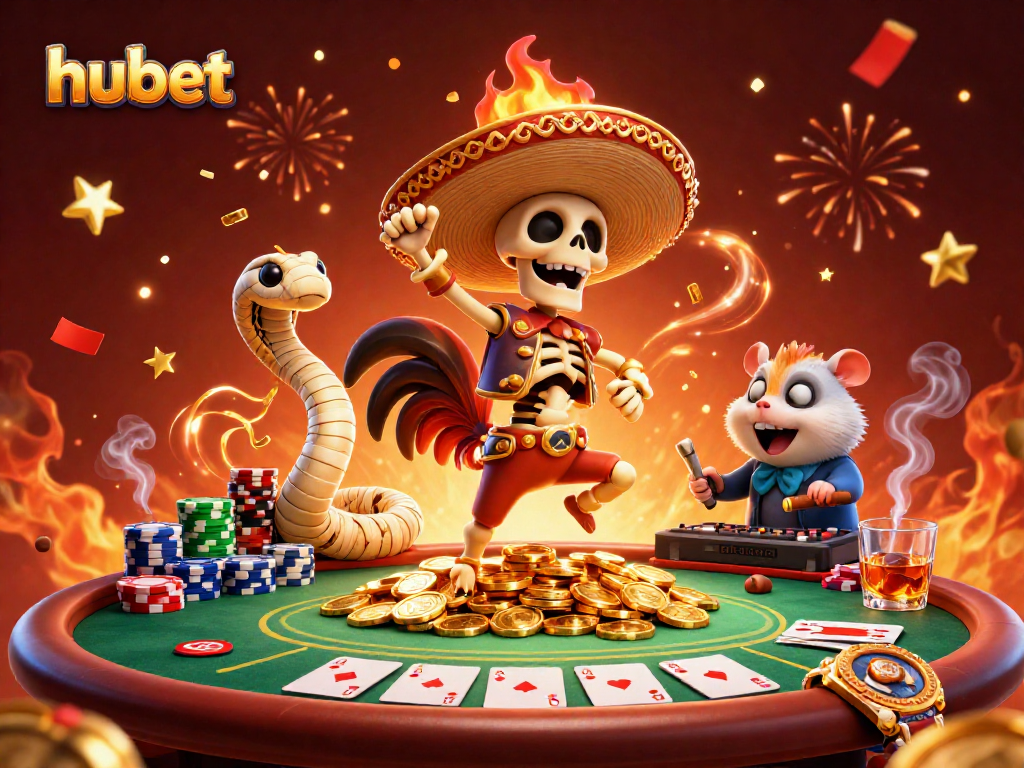 Experience the thrill of hubet casino with a vibrant, festive 3D scene featuring animated characters celebrating with poker elements.