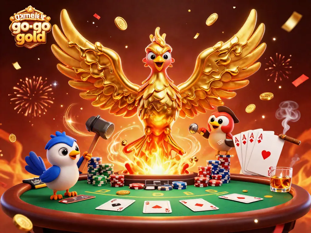 Play games like Go Go Gold in vibrant 3D with golden phoenix and poker elements.