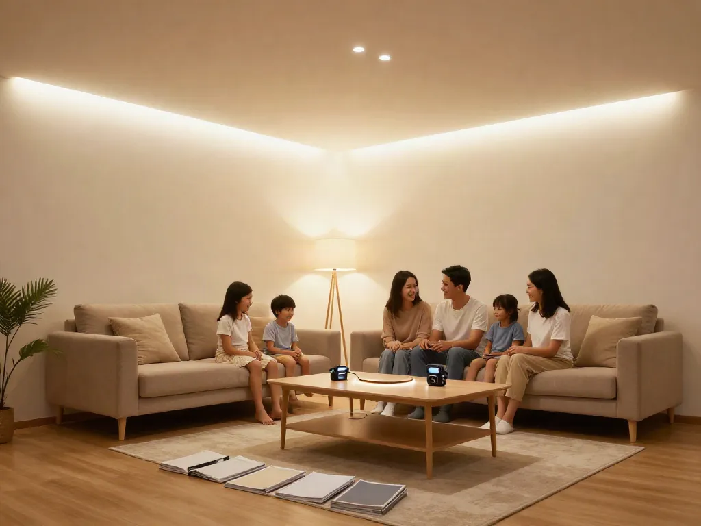 Benzi LED instalate profesional în spații de locuit, iluminat cald și atrăgător.