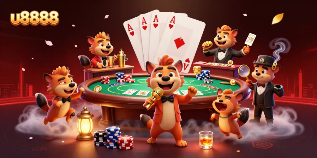 Experience the lively scene at the u8888 comedy casino with animated hyenas engaging in gaming excitement.