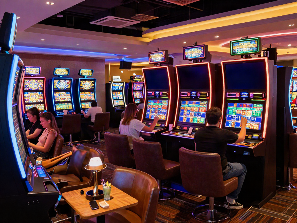 A vibrant casino scene with players enjoying akunjp slot games, illuminated by neon lights.