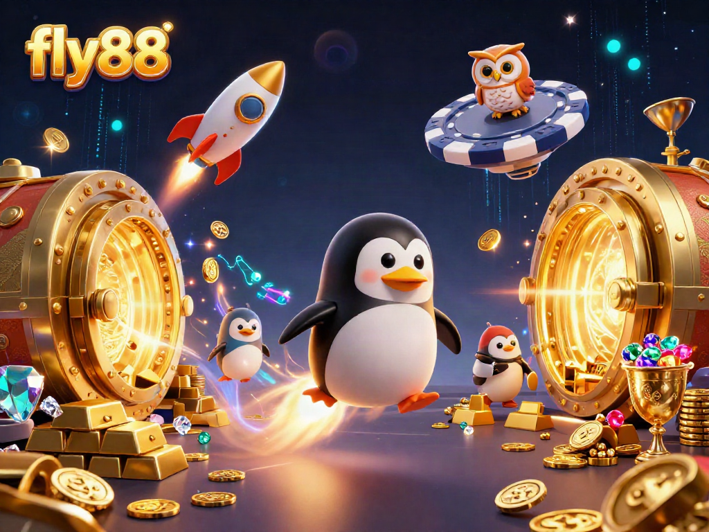 Experience the thrill of fly88 with our playful golden penguin soaring above a vibrant casino scene.
