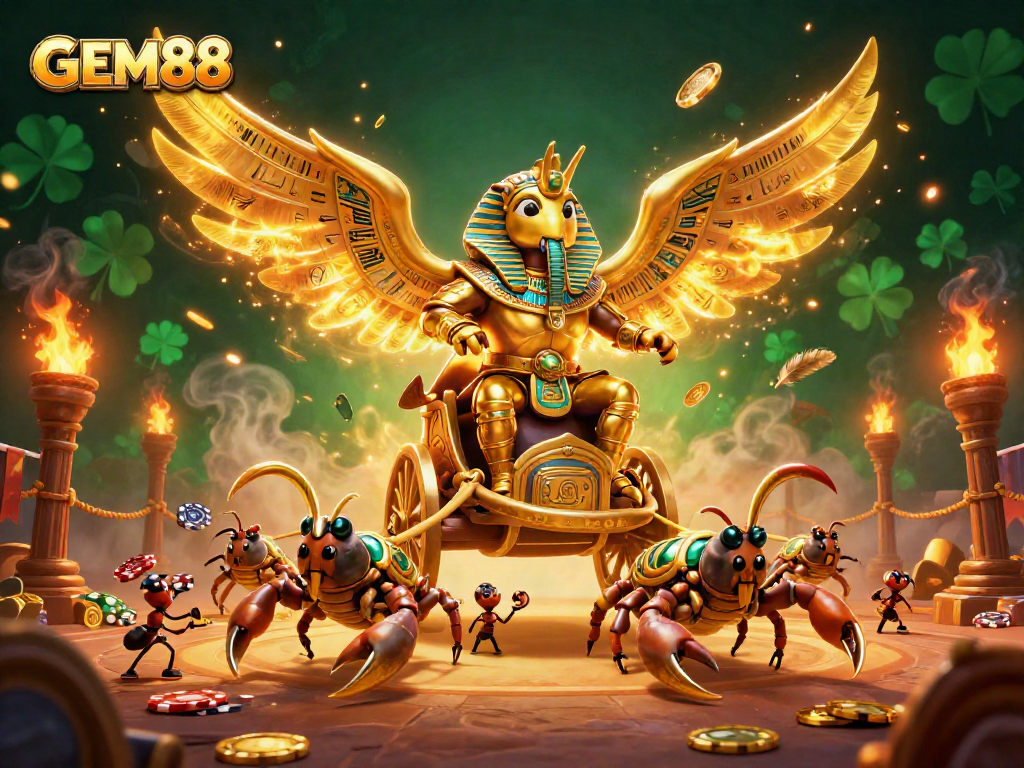 GEM88 showcases a vibrant 3D casino scene with a golden scarab and scorpions.