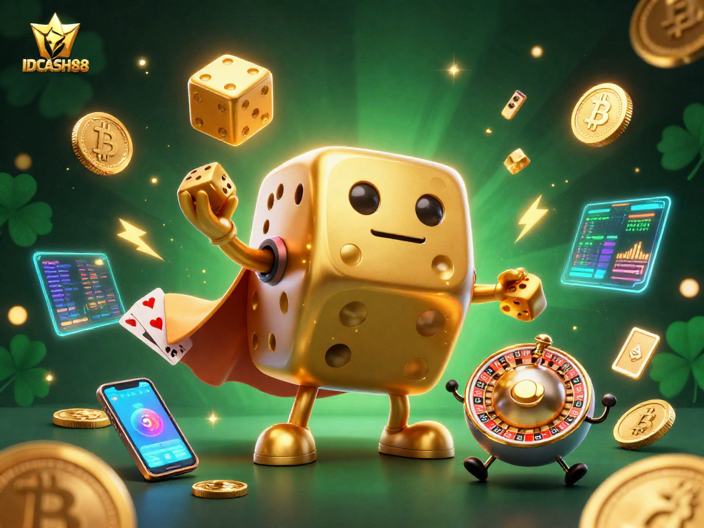 Experience thrilling games at IDCASH88 with golden dice golem and vibrant crypto elements.