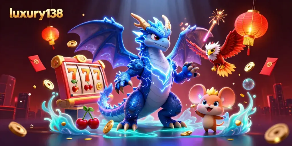 Engage in thrilling online gaming with luxury138 as powerful characters illuminate a vibrant casino scene.